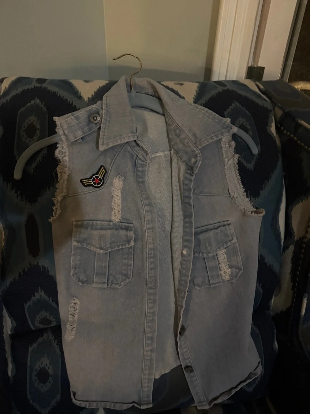 Ripe Light Blue Distressed Denim Vest with Embroidered Patch